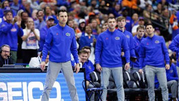 Nov 16, 2025; Jacksonville, Florida, USA; Florida Gators head coach Todd Golden looks on against the Miami Hurricanes during the second half at VyStar Veterans Memorial Arena. Mandatory Credit: Matt Pendleton-Imagn Images