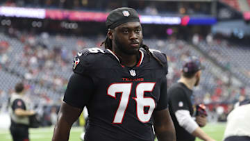 Sep 29, 2024; Houston, Texas, USA; Houston Texans guard Kenyon Green (76) during the game against the Jacksonville Jaguars at NRG Stadium. Mandatory Credit: Troy Taormina-Imagn Images