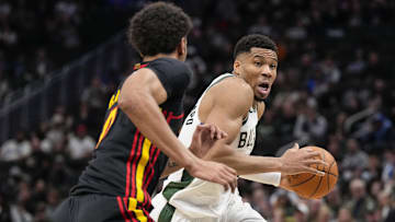 Mar 30, 2025; Milwaukee, Wisconsin, USA;  Milwaukee Bucks forward Giannis Antetokounmpo (34) drives for the basket during the second quarter against the Atlanta Hawks at Fiserv Forum. Mandatory Credit: Jeff Hanisch-Imagn Images