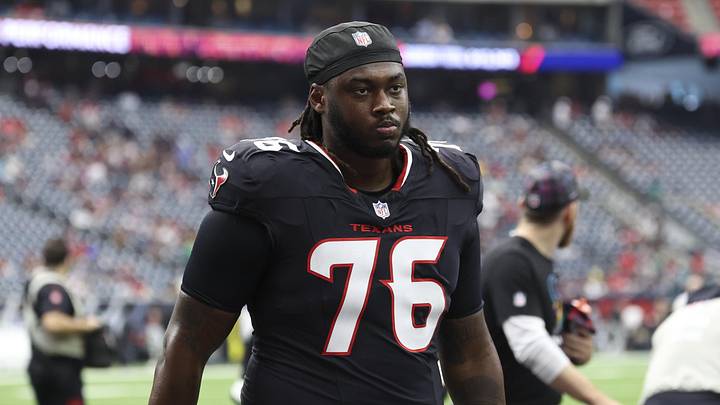 Sep 29, 2024; Houston, Texas, USA; Houston Texans guard Kenyon Green (76) during the game against the Jacksonville Jaguars at NRG Stadium. Mandatory Credit: Troy Taormina-Imagn Images