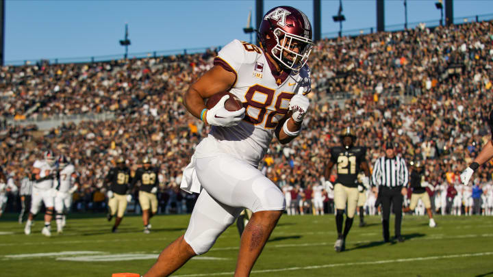 Minnesota tight end Brevyn Spann-Ford (88) runs a catch in for a touchdown against Purdue during the first half at Ross-Ade Stadium in West Lafayette, Ind., on Nov. 11, 2023.