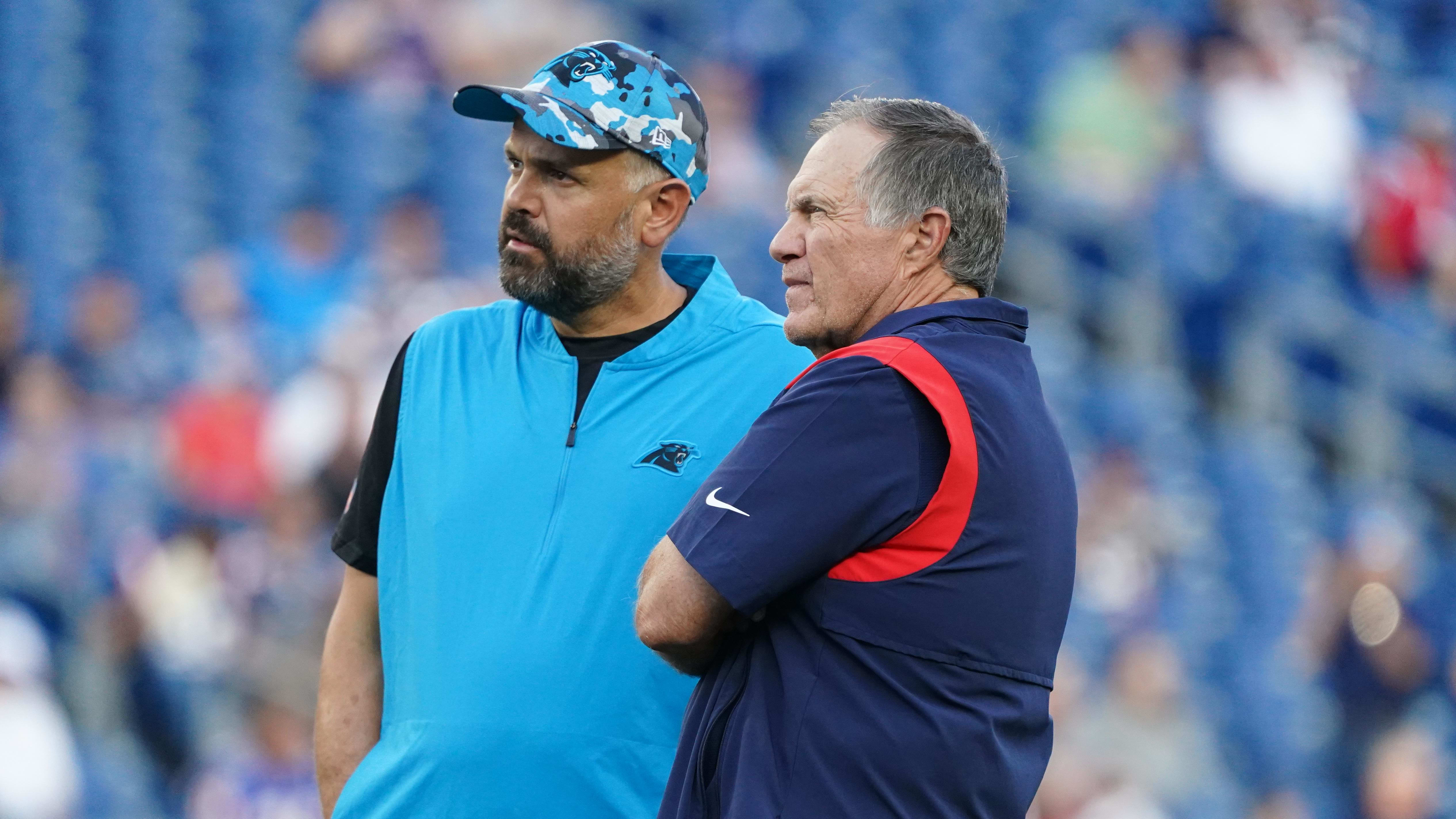 Former Carolina Panthers coach Matt Rhule and former New England Patriots coach Bill Belichick.