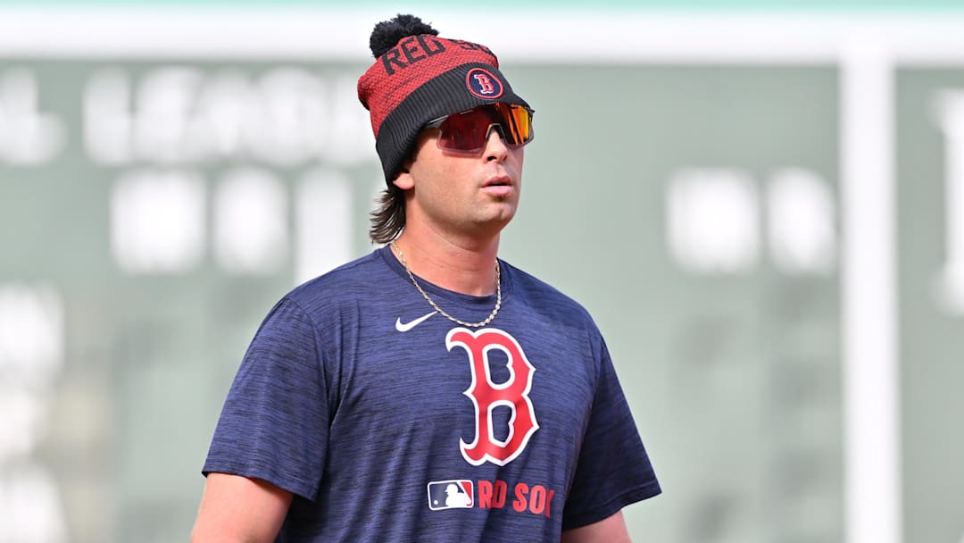 Apr 8, 2025; Boston, Massachusetts, USA; Boston Red Sox first baseman Triston Casas (36) warms up before a game against the Toronto Blue Jays at Fenway Park. Mandatory Credit: Eric Canha-Imagn Images