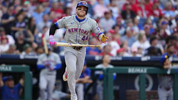 Sep 14, 2024; Philadelphia, Pennsylvania, USA; New York Mets center fielder Harrison Bader (44) reacts to hitting a fly ball against the Philadelphia Phillies during the sixth inning at Citizens Bank Park. Mandatory Credit: Gregory Fisher-Imagn Images