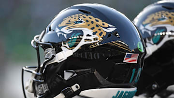 Nov 3, 2024; Philadelphia, Pennsylvania, USA; Jacksonville Jaguars helmets on the sidelines against the Philadelphia Eagles at Lincoln Financial Field. Mandatory Credit: Eric Hartline-Imagn Images