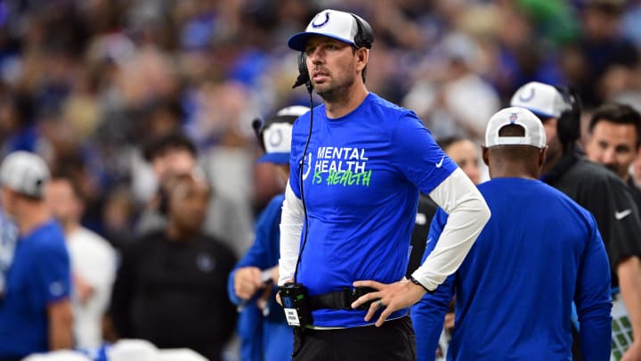 Aug 17, 2024; Indianapolis, Indiana, USA; Indianapolis Colts head coach Shane Steichen  stands on the sidelines during the second half against the Arizona Cardinals at Lucas Oil Stadium. Mandatory Credit: Marc Lebryk-USA TODAY Sports