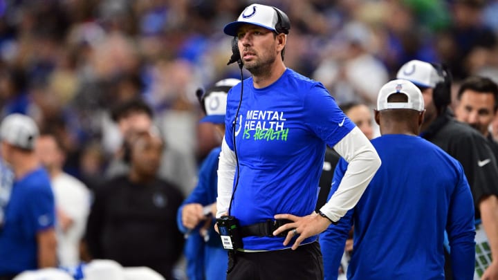 Aug 17, 2024; Indianapolis, Indiana, USA; Indianapolis Colts head coach Shane Steichen  stands on the sidelines during the second half against the Arizona Cardinals at Lucas Oil Stadium. Mandatory Credit: Marc Lebryk-USA TODAY Sports