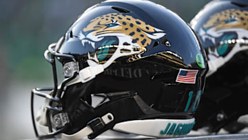 Nov 3, 2024; Philadelphia, Pennsylvania, USA; Jacksonville Jaguars helmets on the sidelines against the Philadelphia Eagles at Lincoln Financial Field.