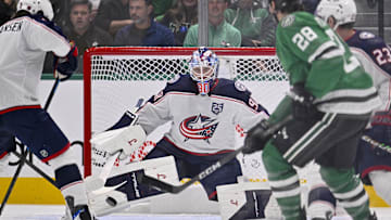 Blue Jackets goaltender Elvis Merzlikins makes a save against Dallas on Tuesday night.