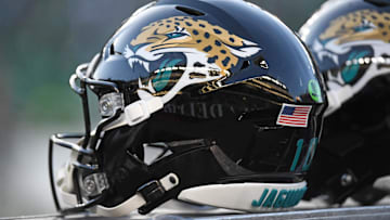 Nov 3, 2024; Philadelphia, Pennsylvania, USA; Jacksonville Jaguars helmets on the sidelines against the Philadelphia Eagles at Lincoln Financial Field. Mandatory Credit: Eric Hartline-Imagn Images