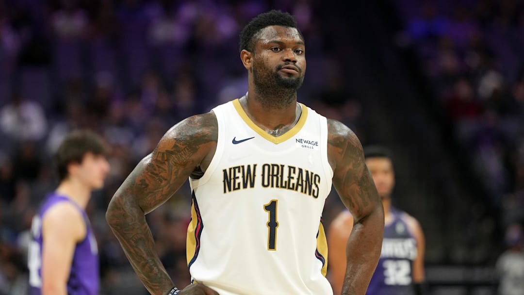 Apr 3, 2026; Sacramento, California, USA; New Orleans Pelicans forward Zion Williamson (1) during the fourth quarter against the Sacramento Kings at Golden 1 Center. Mandatory Credit: Darren Yamashita-Imagn Images