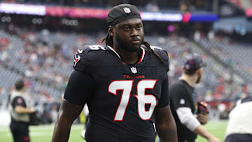 Sep 29, 2024; Houston, Texas, USA; Houston Texans guard Kenyon Green (76) during the game against the Jacksonville Jaguars at NRG Stadium. Mandatory Credit: Troy Taormina-Imagn Images