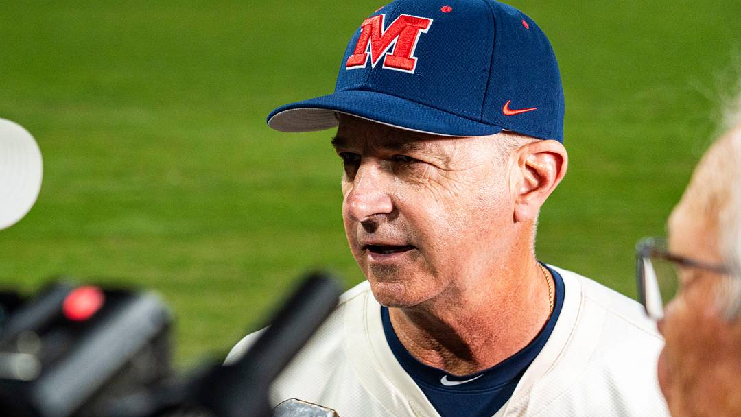 Ole Miss head coach Mike Bianco talks with members of the press after a college baseball game between Ole Miss and Southern Miss at Trustmark Park in Pearl, Miss., on Tuesday, April 14, 2026. Ole Miss defeated Southern Miss 10-3.