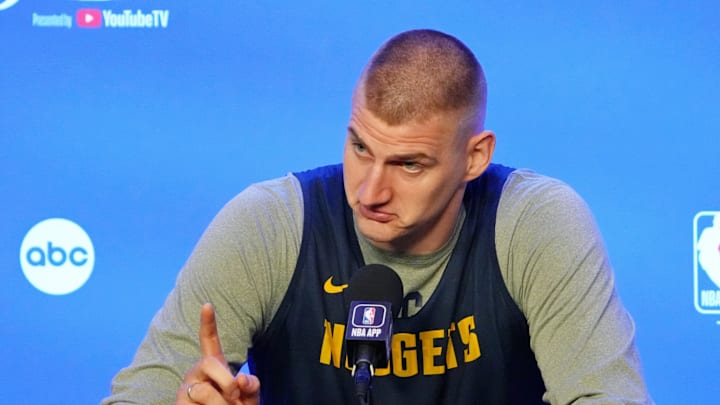 May 31, 2023; Denver, CO, USA; Denver Nuggets center Nikola Jokic (15) gestures as he talks to the