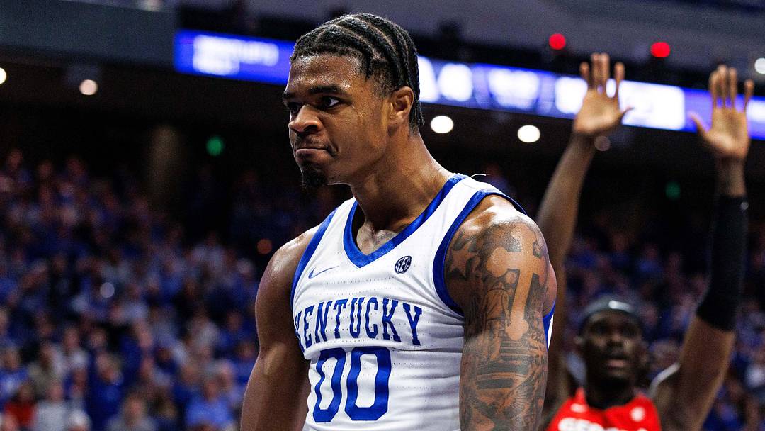 Feb 17, 2026; Lexington, Kentucky, USA; Kentucky Wildcats guard Otega Oweh (00) reacts after scoring a basket and being fouled during the second half against the Georgia Bulldog at Rupp Arena at Central Bank Center. Mandatory Credit: Jordan Prather-Imagn Images