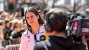 Iowa Hawkeyes guard Caitlin Clark (22) arrives for the NCAA Tournament championship basketball game at Rocket Mortgage Fieldhouse, Sunday, April 7, 2024 in Cleveland.