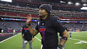 Oct 26, 2025; Houston, Texas, USA; Houston Texans quarterback C.J. Stroud (7) jogs off the field after the game against the San Francisco 49ers at NRG Stadium. Mandatory Credit: Troy Taormina-Imagn Images