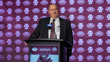 Jul 24, 2024; Charlotte, NC, USA; Boston College Eagles head coach Bill O'Brien speaks to the media during the ACC Kickoff at Hilton Charlotte Uptown. Mandatory Credit: Jim Dedmon-USA TODAY Sports