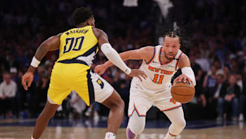 May 21, 2025; New York, New York, USA; New York Knicks guard Jalen Brunson (11) controls the ball against Indiana Pacers guard Bennedict Mathurin (00) in the third quarter during game one of the eastern conference finals for the 2025 NBA Playoffs at Madison Square Garden. Mandatory Credit: Brad Penner-Imagn Images