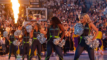 Apr 27, 2025; Minneapolis, Minnesota, USA; The Minnesota Timberwolves dancers perform before game four of first round for the 2025 NBA Playoffs between the Minnesota Timberwolves and the Los Angeles Lakers at Target Center. 