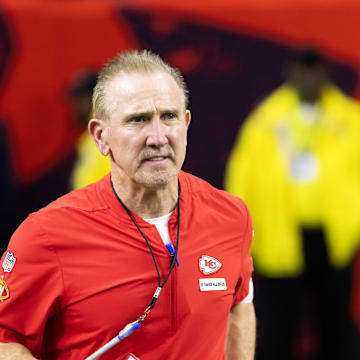 Feb 9, 2025; New Orleans, LA, USA;  Kansas City Chiefs defensive coordinator Steve Spagnuolo against the Philadelphia Eagles in Super Bowl LIX at Ceasars Superdome. Mandatory Credit: Mark J. Rebilas-Imagn Images