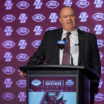 Jul 24, 2024; Charlotte, NC, USA; Boston College Eagles head coach Bill O'Brien speaks to the media during the ACC Kickoff at Hilton Charlotte Uptown. Mandatory Credit: Jim Dedmon-USA TODAY Sports