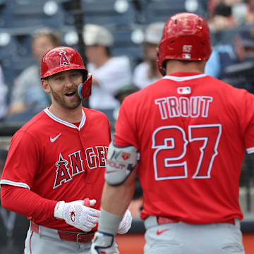 Apr 10, 2025; Tampa, Fl, USA; Los Angeles Angels outfielder Taylor Ward (3) is congratulated by designated hitter Mike Trout (27) after he hit a home run against the Tampa Bay Rays during the first inning  at George M. Steinbrenner Field. Mandatory Credit: Kim Klement Neitzel-Imagn Images