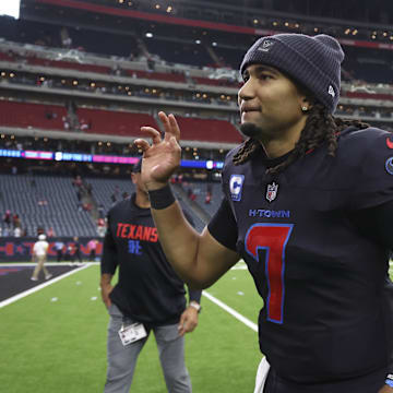 Oct 26, 2025; Houston, Texas, USA; Houston Texans quarterback C.J. Stroud (7) jogs off the field after the game against the San Francisco 49ers at NRG Stadium. Mandatory Credit: Troy Taormina-Imagn Images