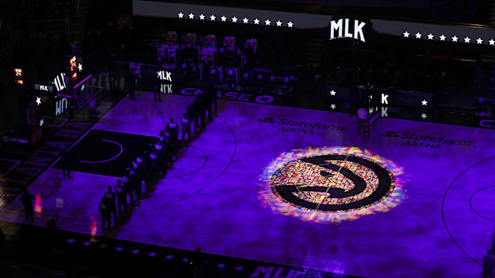 Jan 18, 2021; Atlanta, Georgia, USA; The Atlanta Hawks logo is shown as Dr. Martin Luther King is honored before a MLK day game between the Atlanta Hawks and the Minnesota Timberwolves on MLK Day at State Farm Arena. Mandatory Credit: Jason Getz-Imagn Images