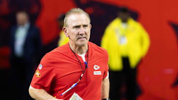 Feb 9, 2025; New Orleans, LA, USA;  Kansas City Chiefs defensive coordinator Steve Spagnuolo against the Philadelphia Eagles in Super Bowl LIX at Ceasars Superdome. Mandatory Credit: Mark J. Rebilas-Imagn Images