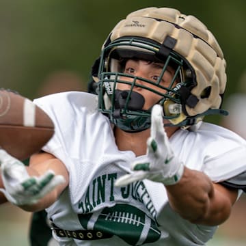 St.Joseph’s Joe Corchado (82) attempts to catch a pass during a combined practice and scrimmage between St. Joseph Regional and Delbarton at Delbarton School in Morristown on Monday, Aug. 18, 2025.