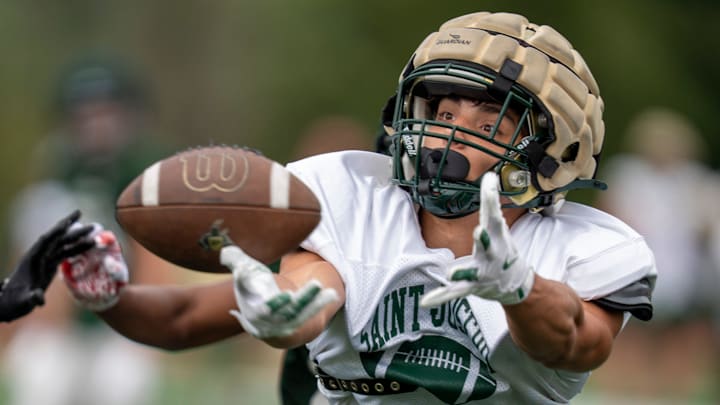 St.Joseph’s Joe Corchado (82) attempts to catch a pass during a combined practice and scrimmage between St. Joseph Regional and Delbarton at Delbarton School in Morristown on Monday, Aug. 18, 2025. St.Joseph’s Joe Corchado (82) attempts to catch a pass during a combined practice and scrimmage between St. Joseph Regional and Delbarton at Delbarton School in Morristown on Monday, Aug. 18, 2025.