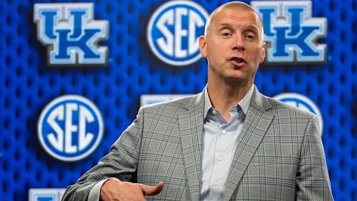 Oct 14, 2025; Birmingham, Alabama, USA; Kentucky head coach Mark Pope speaks at SEC Media Day in the Grand Bohemian Hotel.