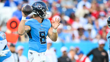 Tennessee Titans Will Levis (8) stands in the pocket against the San Francisco 49ers during the first half at Nissan Stadium. 