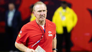 Feb 9, 2025; New Orleans, LA, USA;  Kansas City Chiefs defensive coordinator Steve Spagnuolo against the Philadelphia Eagles in Super Bowl LIX at Ceasars Superdome. Mandatory Credit: Mark J. Rebilas-Imagn Images