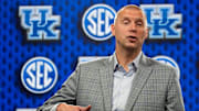 Oct 14, 2025; Birmingham, Alabama, USA; Kentucky head coach Mark Pope speaks at SEC Media Day in the Grand Bohemian Hotel.