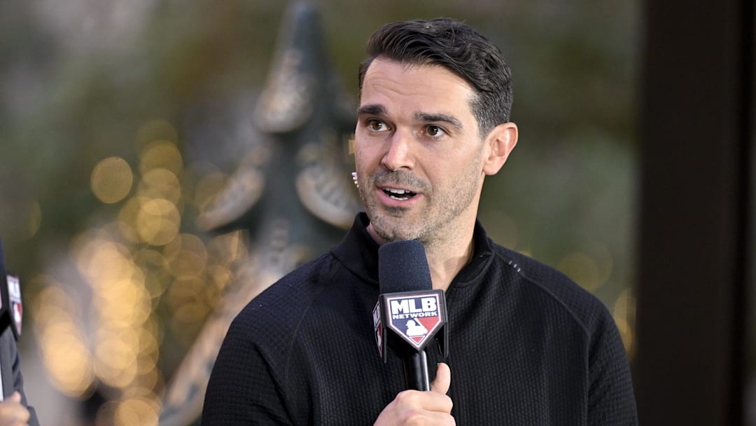Dec 9, 2024; Dallas, TX, USA; Philadelphia Phillies general manager Preston Mattingly speaks with the MLB Network at the Hilton Anatole during the 2024 MLB Winter Meetings.