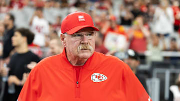 Aug 9, 2025; Glendale, Arizona, USA; Kansas City Chiefs head coach Andy Reid against the Arizona Cardinals during a preseason NFL game at State Farm Stadium. Mandatory Credit: Mark J. Rebilas-Imagn Images