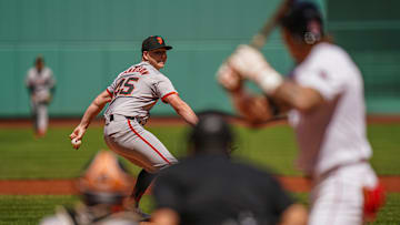 May 2, 2024; Boston, Massachusetts, USA; San Francisco Giants pitcher Kyle Harrison (45) throws a pitch against the Boston Red Sox in the first inning at Fenway Park. Mandatory Credit: David Butler II-Imagn Images