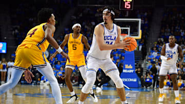 Mar 2, 2023; Los Angeles, California, USA; UCLA Bruins guard Jaime Jaquez Jr. (24) controls the ball against Arizona State Sun Devils guard Desmond Cambridge Jr. (4) during the second half at Pauley Pavilion. Mandatory Credit: Gary A. Vasquez-Imagn Images