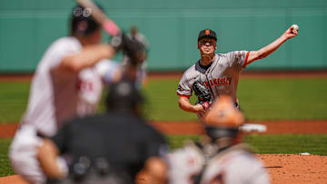 May 2, 2024; Boston, Massachusetts, USA; San Francisco Giants pitcher Kyle Harrison (45) throws a pitch against the Boston Red Sox in the first inning at Fenway Park. Mandatory Credit: David Butler II-Imagn Images