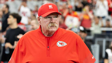 Aug 9, 2025; Glendale, Arizona, USA; Kansas City Chiefs head coach Andy Reid against the Arizona Cardinals during a preseason NFL game at State Farm Stadium. Mandatory Credit: Mark J. Rebilas-Imagn Images