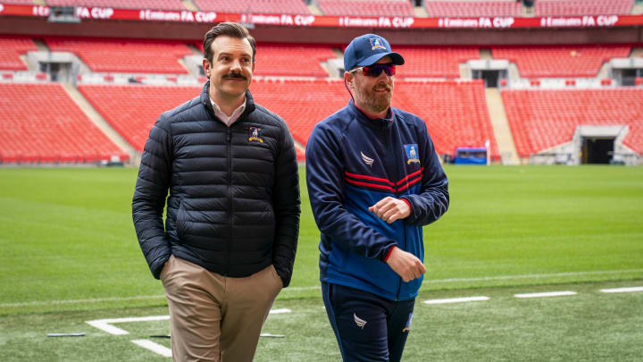 Jason Sudeikis and Brendan Hunt in “Ted Lasso” season two, now streaming on Apple TV+.