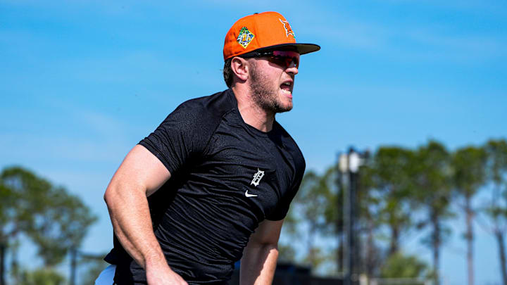 Detroit Tigers infielder Jace Jung practices during spring training at TigerTown in Lakeland, Fla. on Thursday, Feb. 19, 2026.