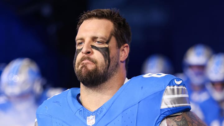 Nov 2, 2025; Detroit, Michigan, USA; Detroit Lions tackle Taylor Decker (68) enters the field before the game against the Minnesota Vikings at Ford Field. Mandatory Credit: David Reginek-Imagn Images