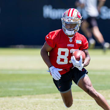 May 10, 2024; Santa Clara, CA, USA; San Francisco 49ers rookie wide receiver Jacob Cowing (83) runs drills during the 49ers rookie minicamp at Levi’s Stadium in Santa Clara, CA. Mandatory Credit: Robert Kupbens-Imagn Images