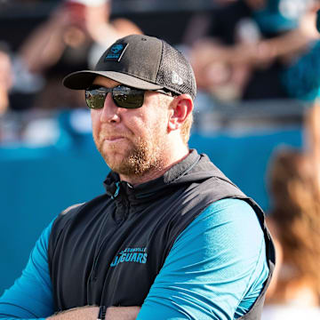 Jacksonville Jaguars head coach Liam Coen watches his team warm up before an NFL scrimmage at EverBank Stadium Friday August 1, 2025, in Jacksonville, Fla. [Doug Engle/Florida Times-Union]