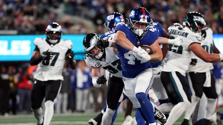 Cam Skattebo powers his way to paydirt. Philadelphia Eagles v New York Giants