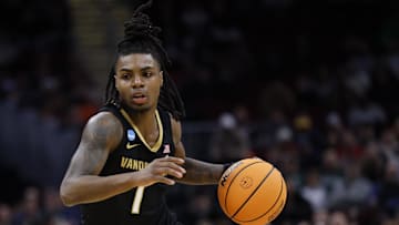 Mar 21, 2025; Cleveland, OH, USA; Vanderbilt Commodores guard Jason Edwards (1) dribbles the ball in the second half against the St. Mary's Gaels at Rocket Arena. Mandatory Credit: Rick Osentoski-Imagn Images