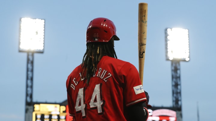 Aug 23, 2024; Pittsburgh, Pennsylvania, USA;  Cincinnati Reds shortstop Elly De La Cruz (44) looks on from the on-deck circle against the Pittsburgh Pirates during the fifth inning at PNC Park. Mandatory Credit: Charles LeClaire-USA TODAY Sports